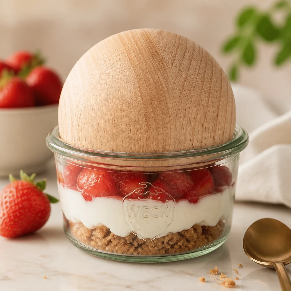 WECK Sturzglas RR80 165ml mit Buche-Holzkugel als Dessertglas für Erdbeer-Schichtdessert auf Marmorplatte