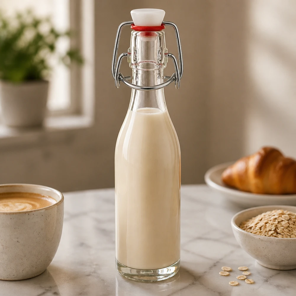 Skleněná láhev o objemu 50 ml + výkyvný vršek z PVC UNiTWIST. 50ml Glasflasche mit Bügelverschluss gefüllt mit Hafermilch in gemütlicher Küche neben Kaffeetasse und Haferflocken