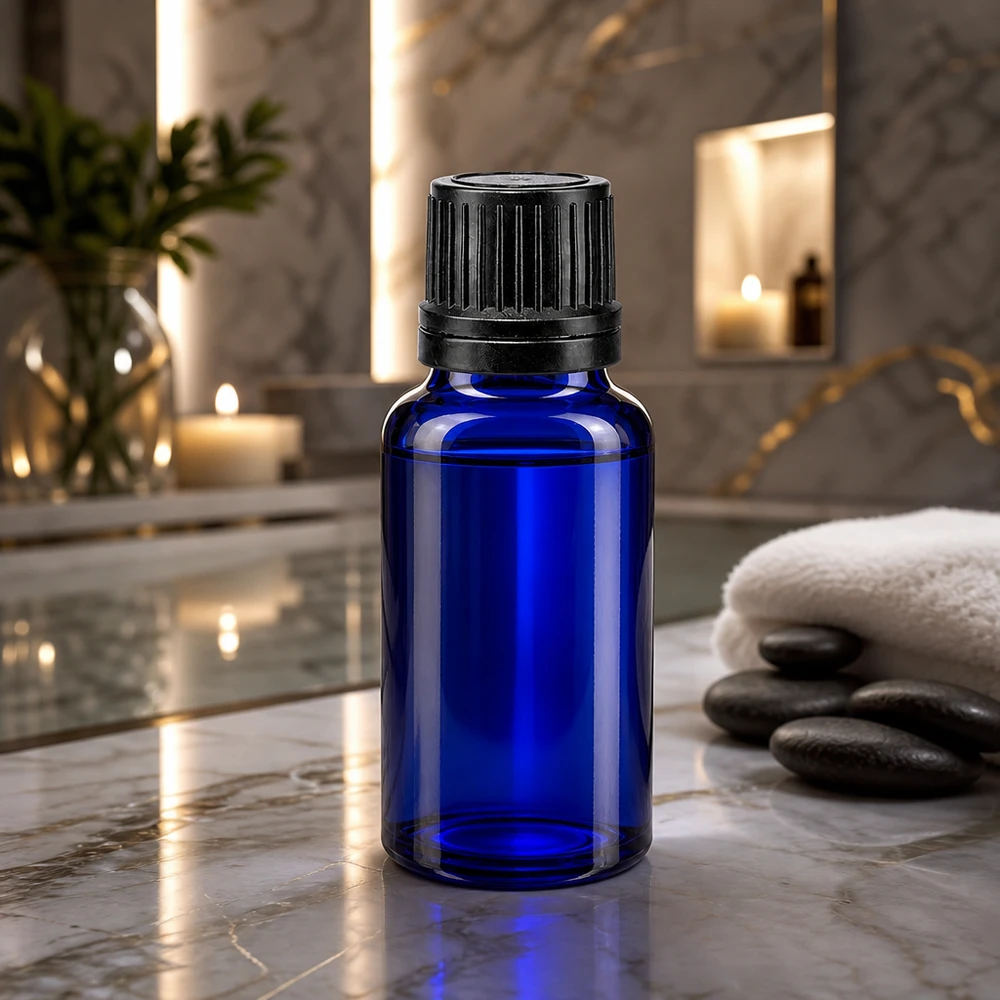 Lékárenská lahvička modrá 20ml kapací uzávěr nalévací kroužek 1mm černý tamper-evidentní uzávěr. Rundes blaues UV-Schutzglas 20ml mit präzisem 1mm Einsatz und schwarzem Schraubverschluss frontal