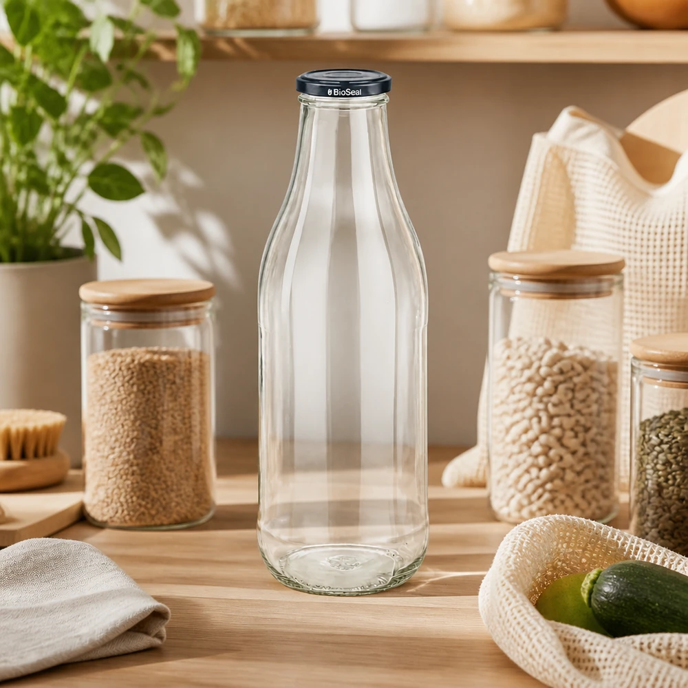 1000ml skleněná láhev + víčko BioSeal černé UNiTWIST 1000ml Glasflasche BioSeal Deckel Zero Waste Küche Hülsenfrüchte Vorratshaltung nachhaltige Küchenorganisation