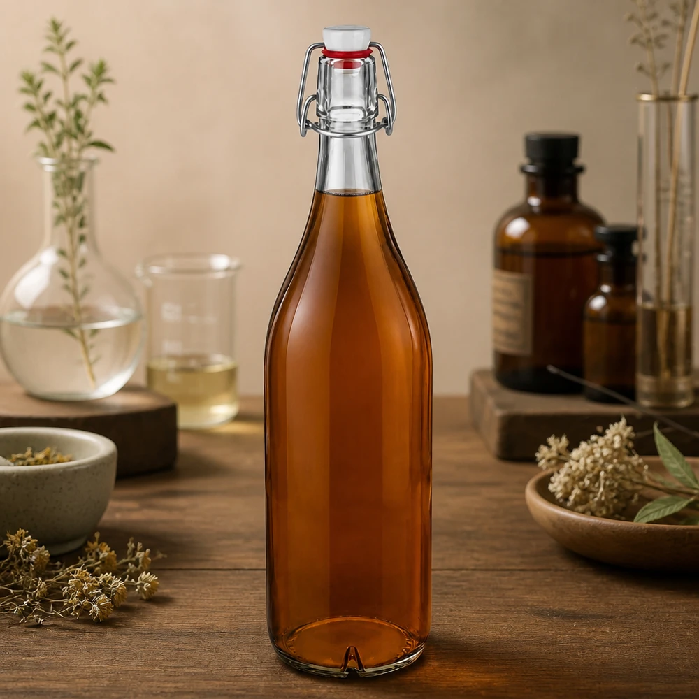 1000ml skleněná láhev + otočný vršek PVC UNiTWIST 1000ml Glasflasche Bügelverschluss PVC bernsteinfarben mit Kräutertee gefüllt natürliche Dekoration Holztisch