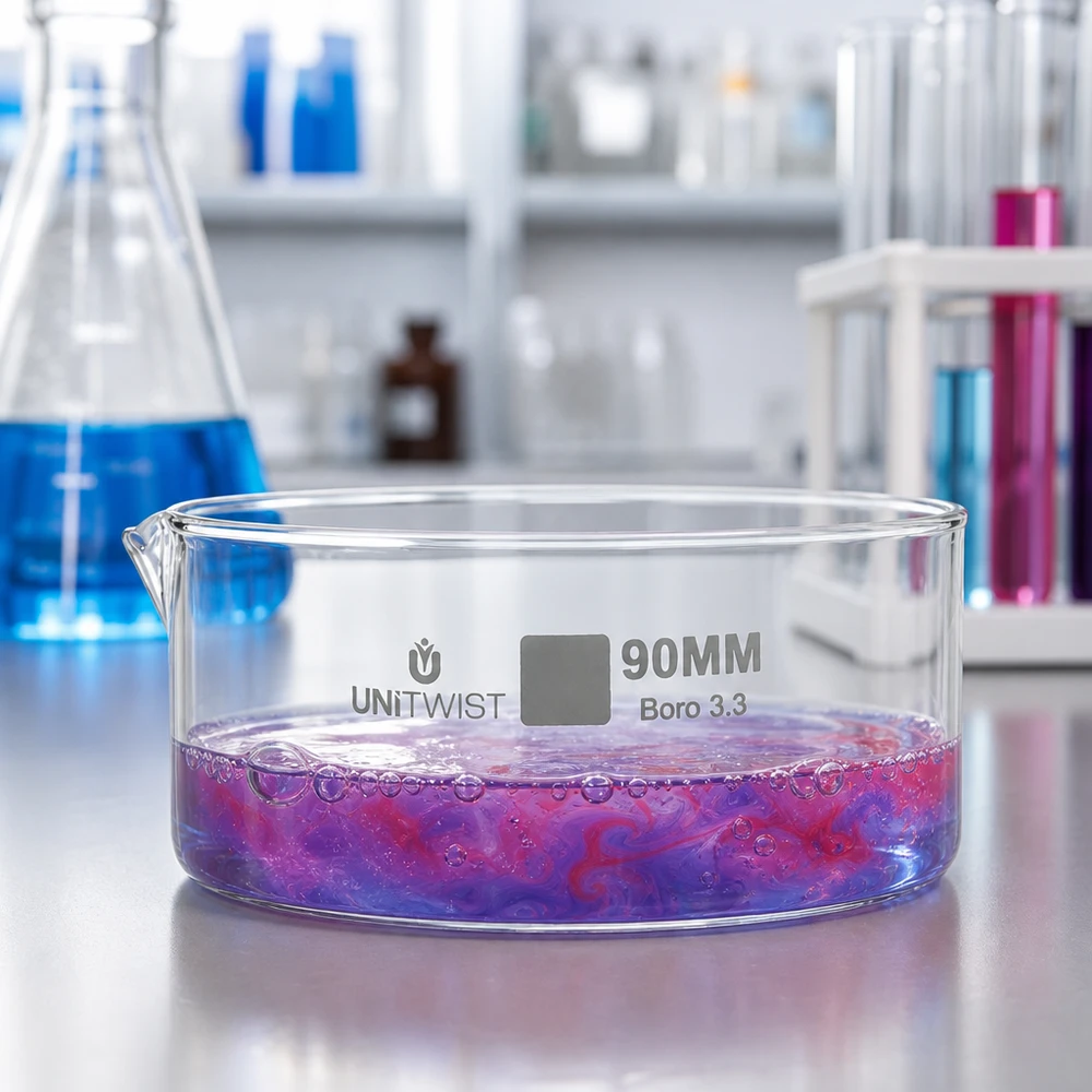 Krystalizační miska ø90 mm z borosilikátového skla UNiTWIST Borosilikatglas Kristallisierschale UNiTWIST 90mm chemische Farbreaktion violett rot Labor