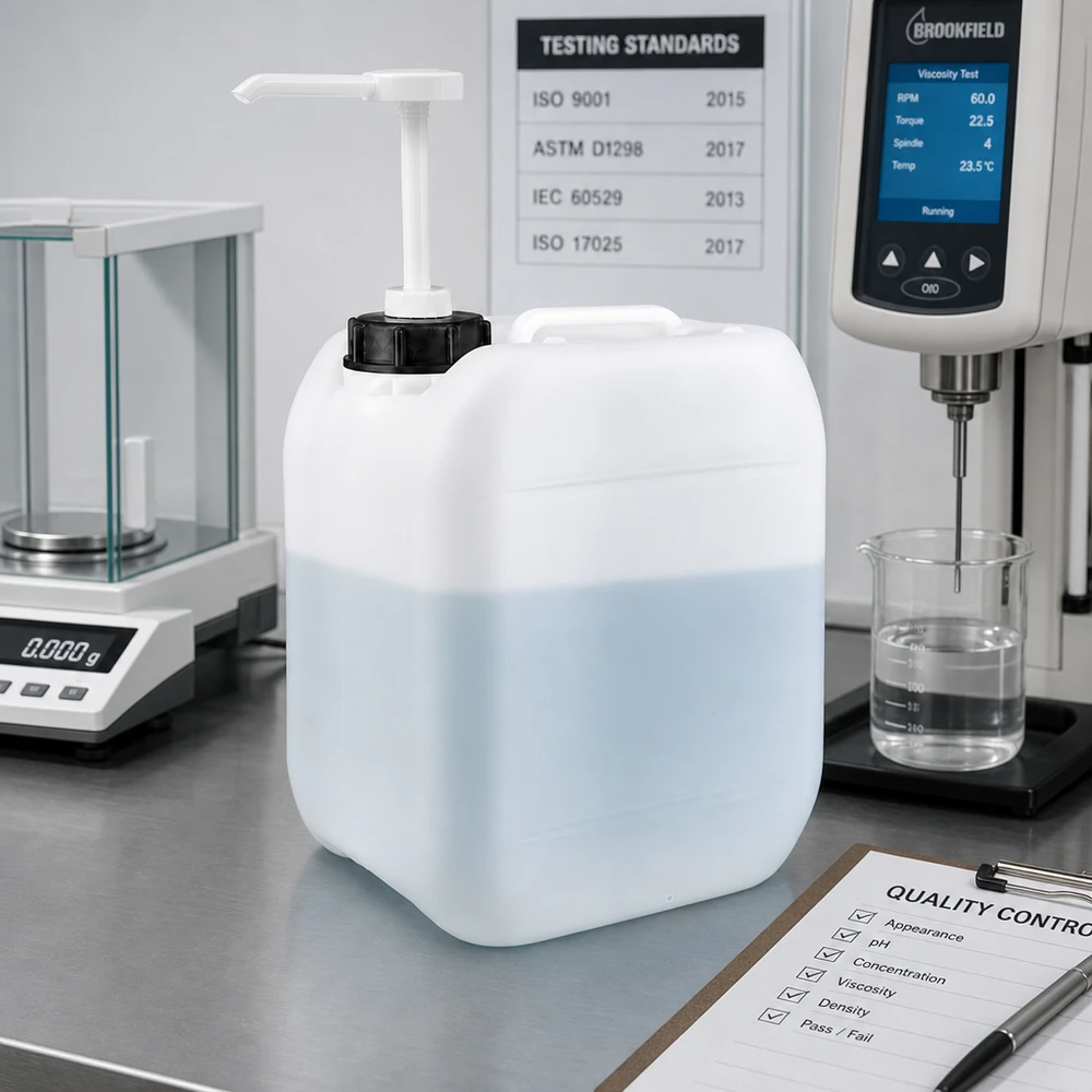 Halbgefüllter 5 Liter HDPE Kanister mit hellblauer Flüssigkeit und Pumpe bei Viskositätstest