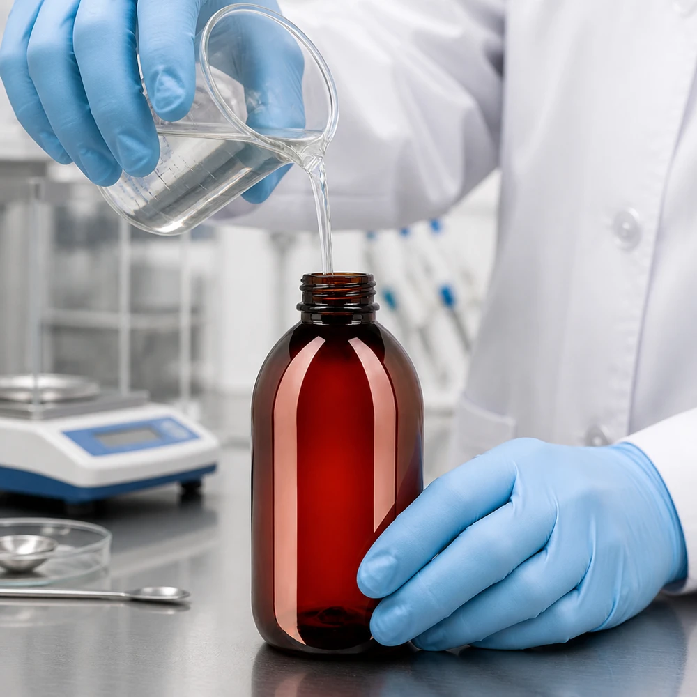 Laborant plní čirou kapalinu do hnědé 250ml PET láhve s bílým bezpečnostním uzávěrem