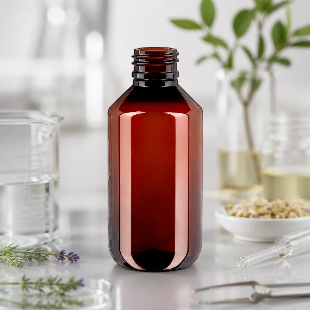 Prázdná 200ml PET lékárnická láhev jantarové barvy se šroubovacím uzávěrem na bílé laboratorní desce
