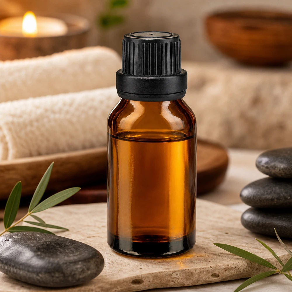 Braunglasflasche 30ml mit kindergesichertem Schwarzverschluss im Wellness-Arrangement
