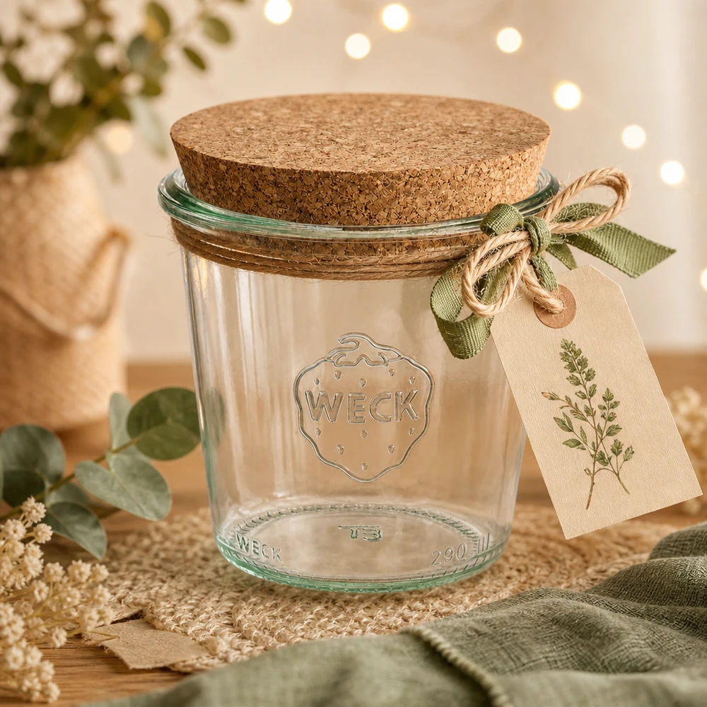 290ml vysoké sklenice WECK RR80 s korkem přírodní WECK Sturzglas 290ml RR80 dekorativ inszeniert mit Korkdeckel Geschenkanhänger und grünem Band auf Holztisch