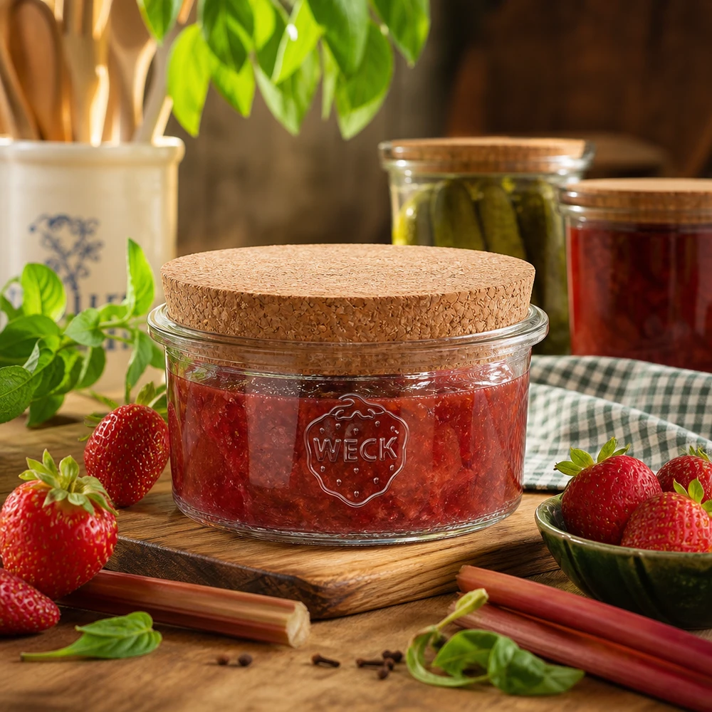 165ml pohárky WECK RR80 s korkem přírodní WECK Einmachglas 165ml RR80 gefüllt mit Erdbeermarmelade Cork-Deckel Küchenszenerie Vorratsglas