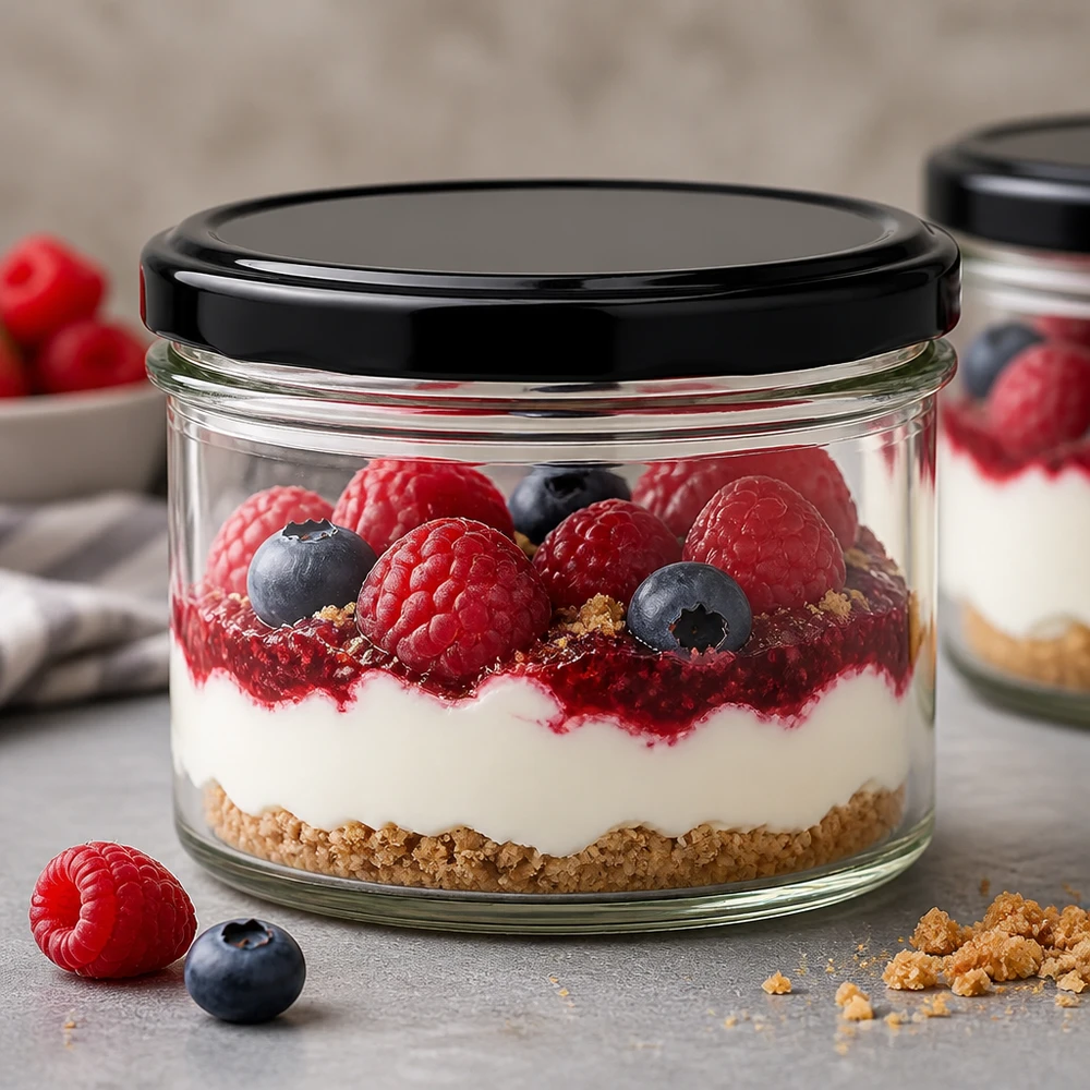 225ml kelímky s víčkem BasicSeal černé UNiTWIST 225ml Sturzglas mit schwarzem Deckel als Dessertglas für Beeren-Tiramisu - stilvolle Nachspeisen-Präsentation