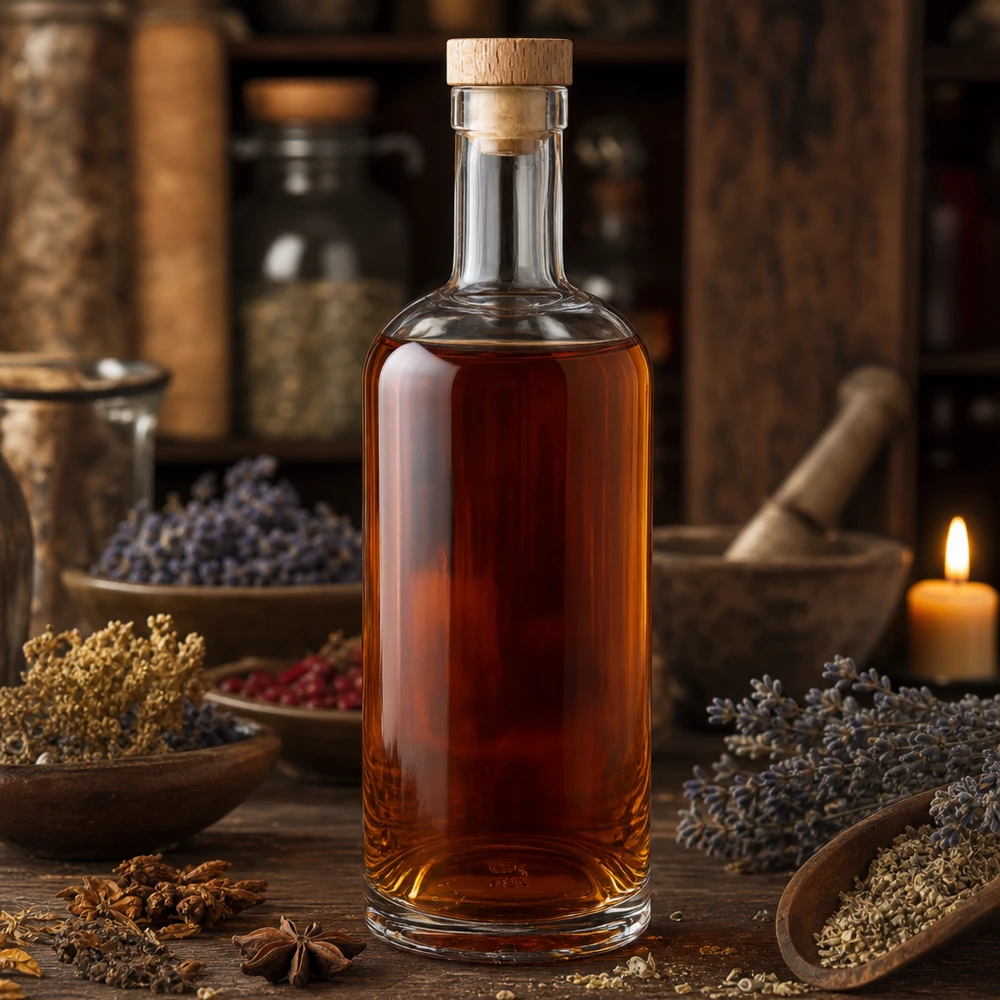 750ml Glasflasche Emma mit Holzkorken gefüllt mit bernsteinfarbener Flüssigkeit in rustikaler Kräuter-Gewürz-Atmosphäre