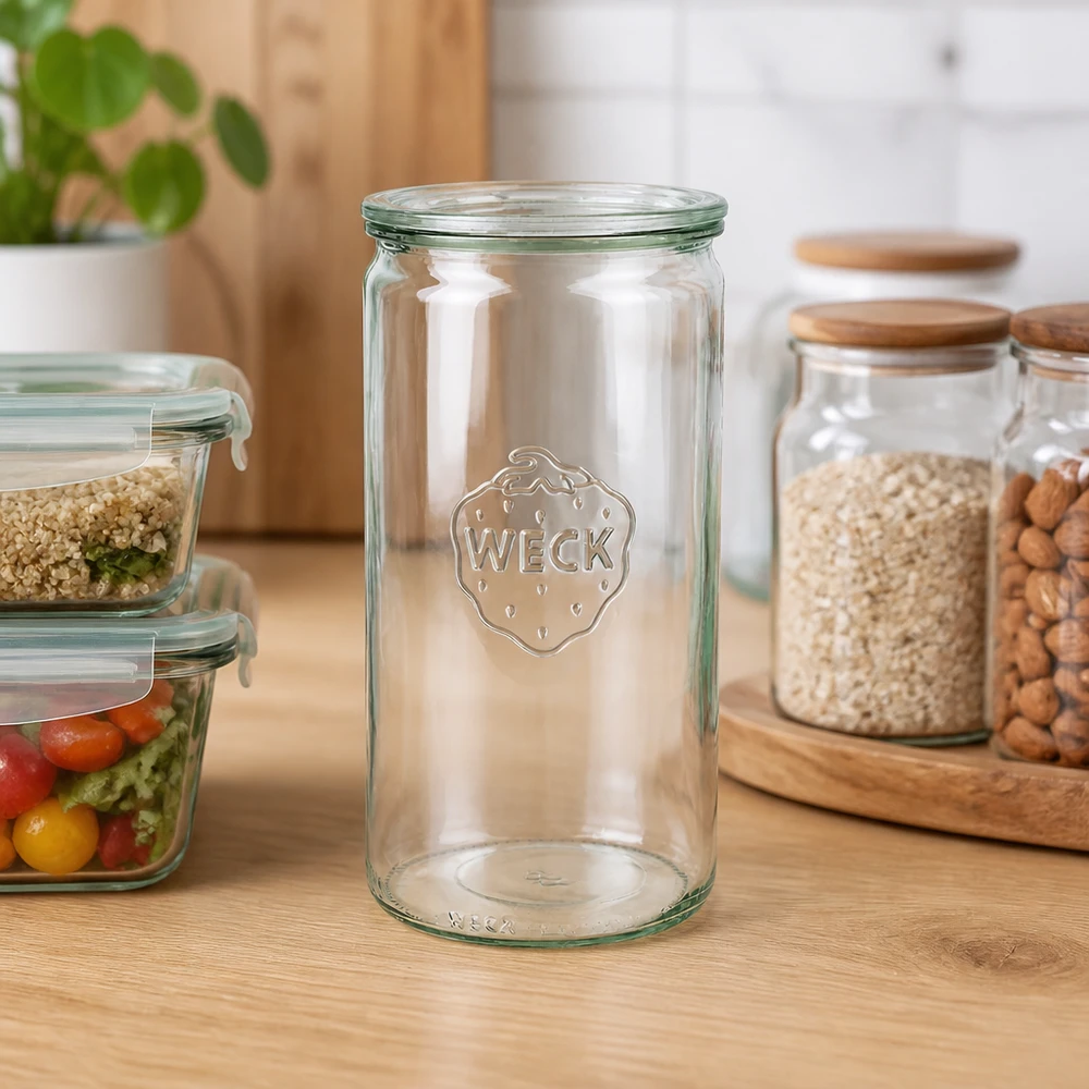 WECK Zylinderglas 1590ml RR100 leer auf Holzarbeitsplatte in moderner Küche mit Vorratsgläsern und Pflanze