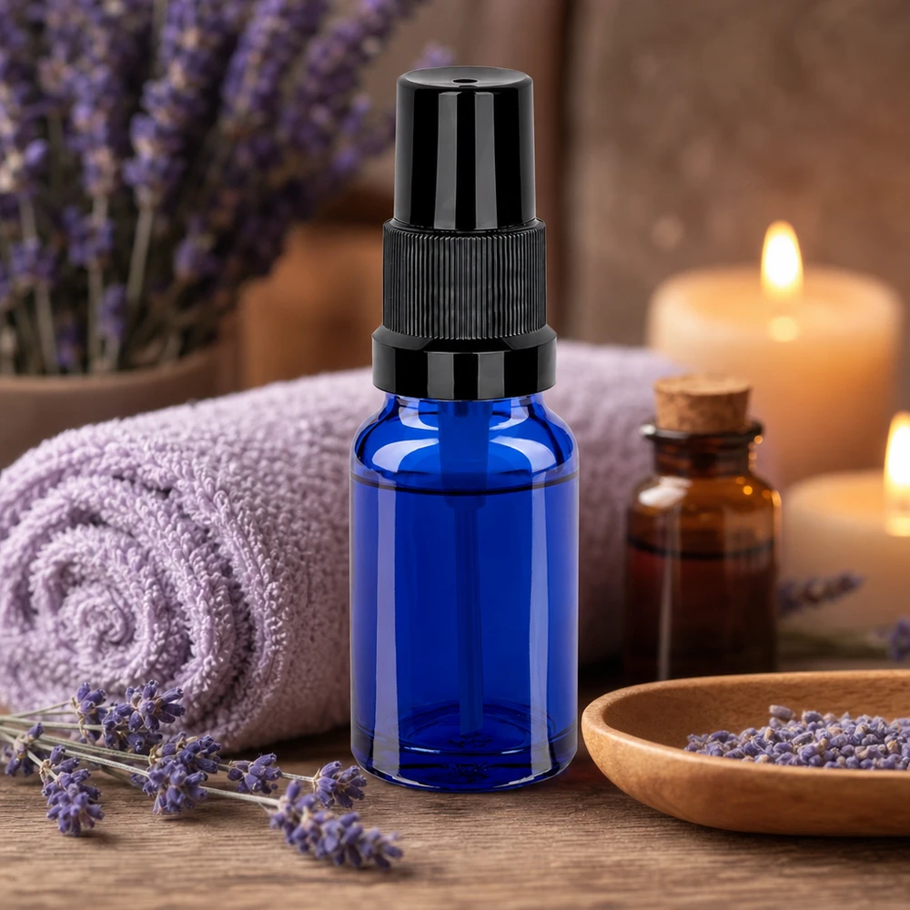10ml lahvička s rozprašovačem černá standardní uzávěr BlueLine UT18/10 Professionelle 10ml Glassprayflasche STD BlueLine UT18/10 mit schwarzem Sprühaufsatz für Aromamischungen