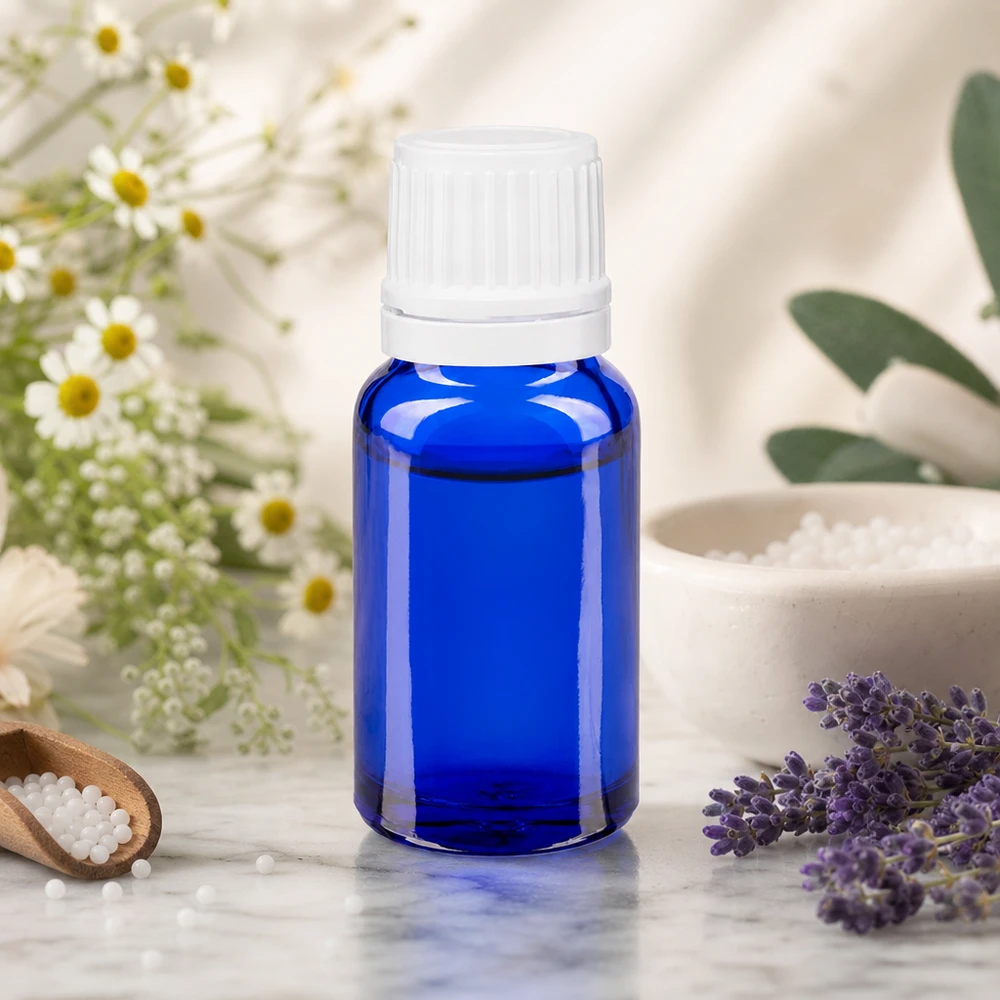 Lékárenská láhev modrá 10ml šroubovací uzávěr bílý uzávěr proti neoprávněné manipulaci. Hochwertige blaue 10ml Flasche aus Apothekerglas mit weißem Verschluss für Naturprodukte