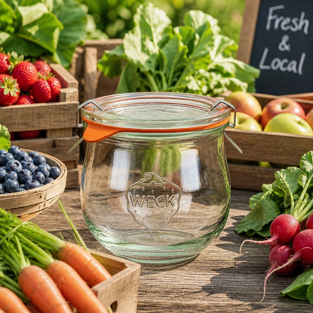 WECK Tulpenglas 370ml RR80 auf Marktstand mit frischem Obst Gemüse und Local Fresh Schild für regionale Produkte