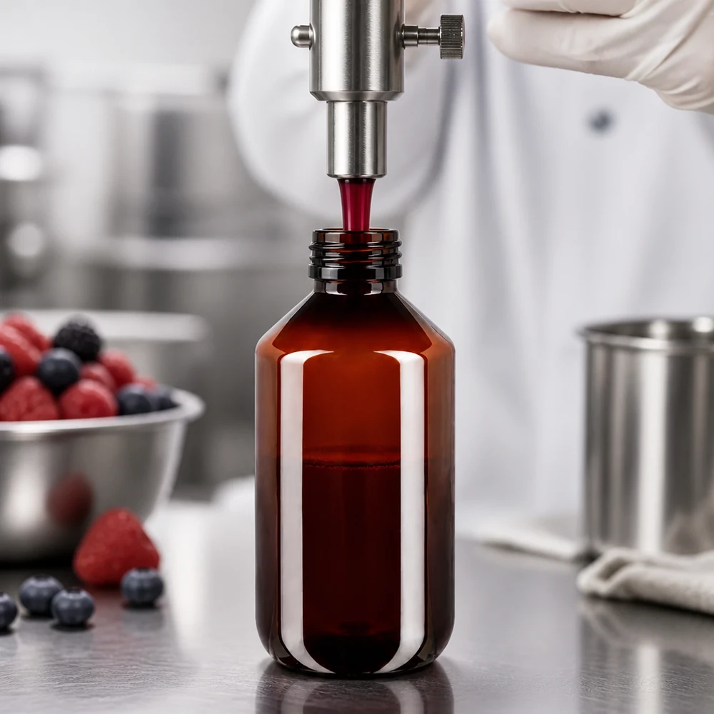 PET láhev 500ml se zeleným uzávěrem, který je zřetelný při manipulaci s lahví. Strojové plnění červené tekutiny do hnědé 500ml PET láhve s originálním uzávěrem