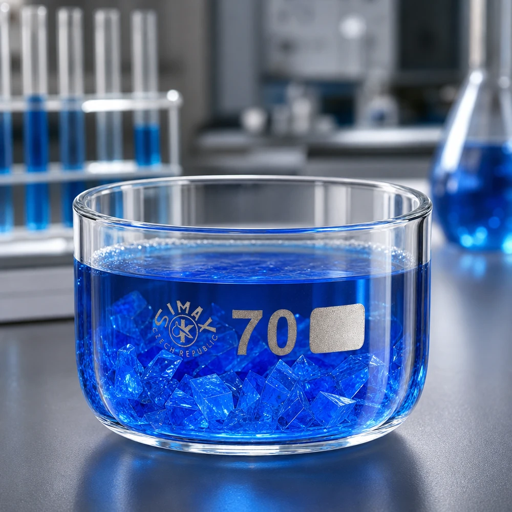 Flache zylindrische Glasschale 70mm Borosilikat mit Kristallisationsprozess blauer Substanz Labor