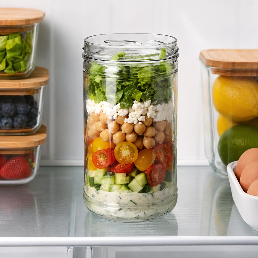 Nádobky o objemu 1053 ml bez víčka (TO100) UNiTWIST UNiTWIST Sturzglas 1053ml TO100 als Meal Prep Glas mit Schichtsalat Kichererbsen Feta Tomaten im Kühlschrank