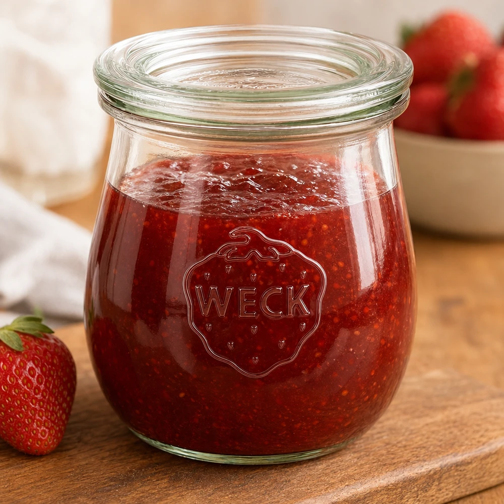 WECK Tulpenglas 220ml gefüllt mit Erdbeermarmelade auf Holzbrett mit frischen Erdbeeren im Hintergrund