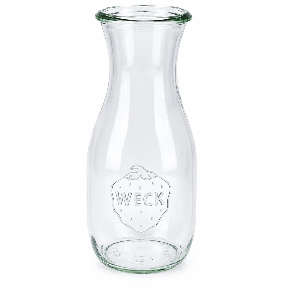 530ml láhev na džus WECK RR60 s dřevěným dřevem 530ml WECK Saftflasche RR60 aus Glas mit Deckel und eingeprägtem Erdbeer-Logo transparent