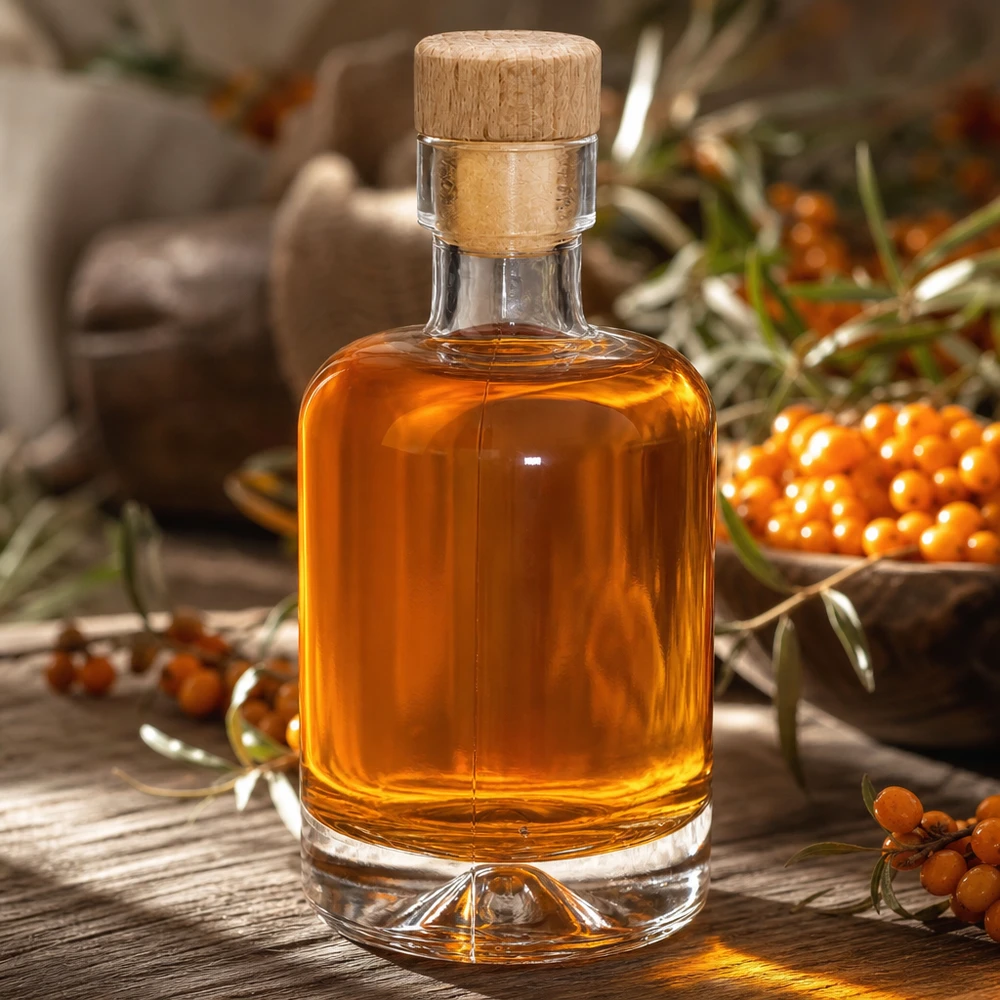 50ml Glasflasche "Attila" mit Holzgriffkorken UNiTWIST 50ml Glasflasche Amelie mit Sanddornöl gefüllt zwischen orangefarbenen Sanddornbeeren natürlich dekoriert