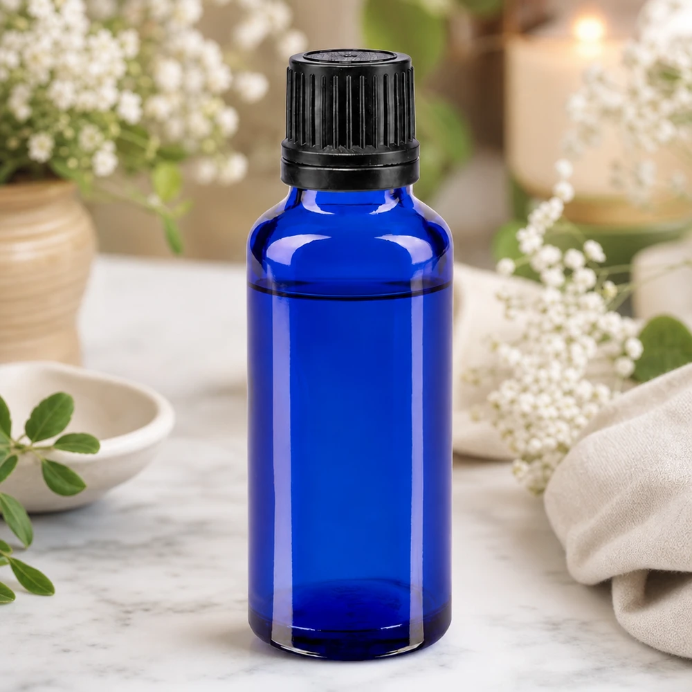 Schlanke 30ml Tropfflasche aus lichtschützendem Blauglas mit schwarzem OV-Aufsatz