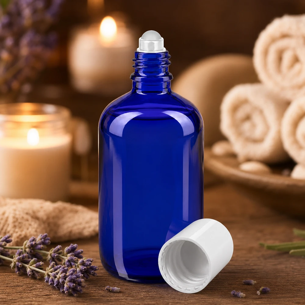 Lékárenská lahvička modrá 100ml roll-on s uzávěrem bílá Blaue 100ml Rollflasche aus Apothekerglas mit weißem STD-Verschluss auf Holzoberfläche