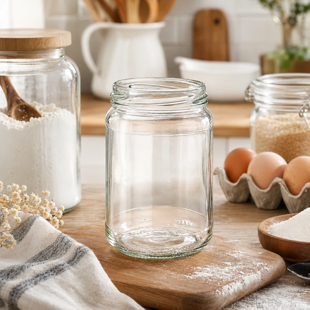 Kulatá sklenice o objemu 305 ml bez víčka (TO63) UNiTWIST UNiTWIST Runda305 Rundglas 305ml TO63 leer auf Holzbrett in moderner Küche mit Eiern und Mehl
