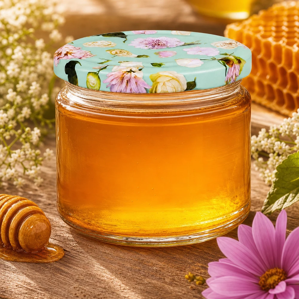 330ml kulatá sklenice + víčko BasicSeal flower mint UNiTWIST Honig im 330ml Rundglas mit BasicSeal Deckel Blume mint neben Wabe und Holzlöffel auf rustikalem Holztisch