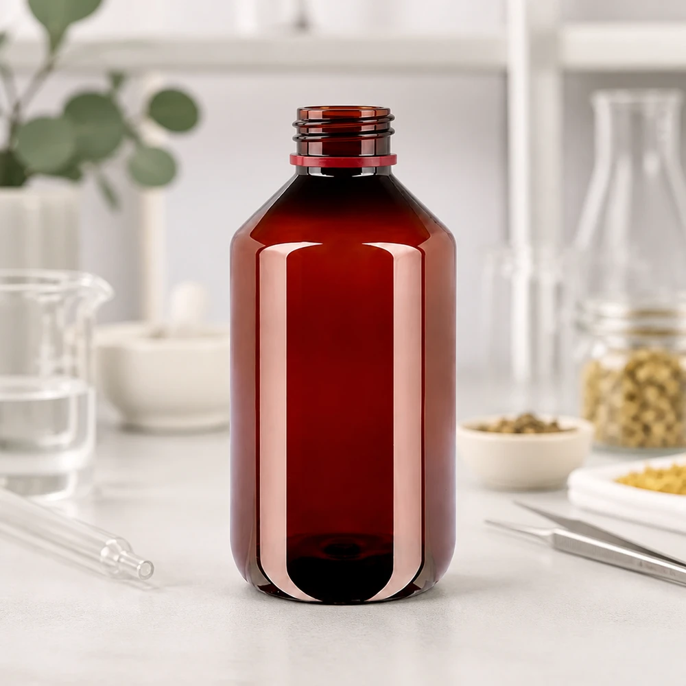 PET láhev s ochranou proti světlu, 500 ml, hnědá, s červeným uzávěrem zajišťujícím neporušenost, určená pro citlivé látky