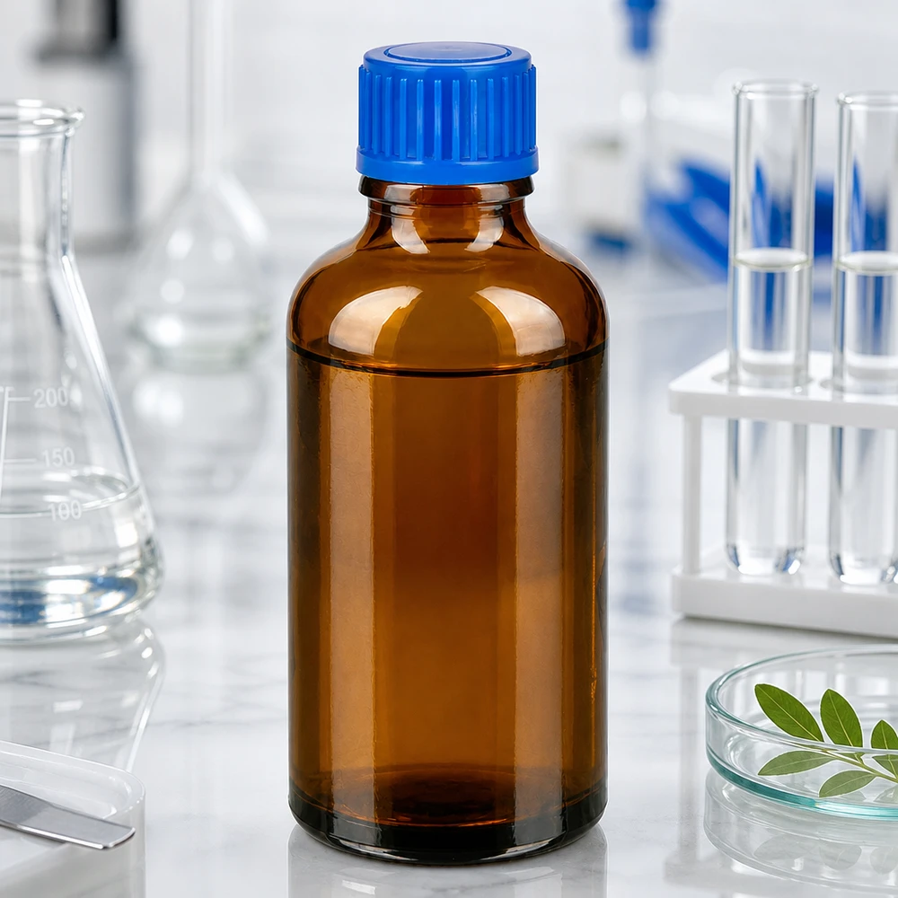 Robuste 50ml Glasflasche in Brauntönung mit ergonomischem blauen Deckel für Labor