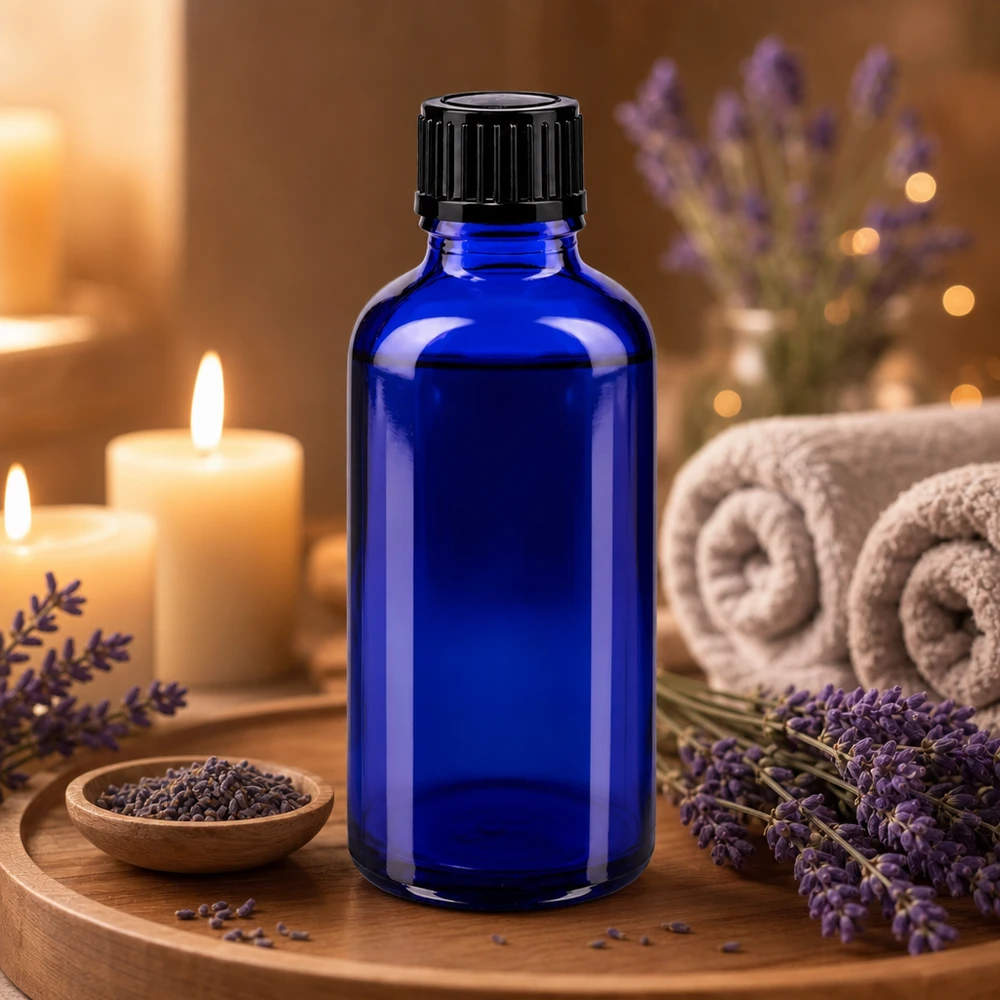 Lékárenská láhev modrá 50ml kapátko 1mm černé standardní Dunkelblaue 50ml Glasflasche mit Tropfer für Aromatherapie und Naturkosmetik
