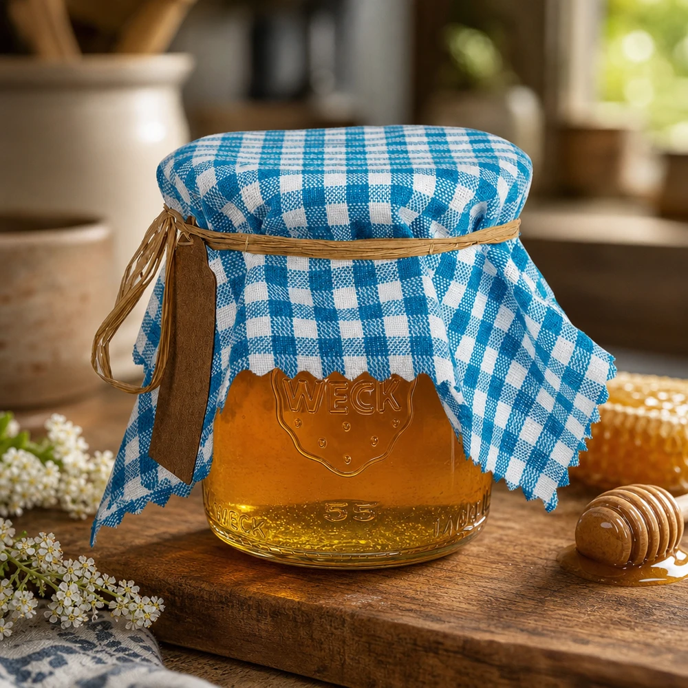 Látkový dekorační ubrousek tyrkysový kostkovaný čtverec 15 cm Türkis-weißes kariertes Stoffdeckchen auf Honigglas mit Holzdipper und weißen Blüten auf rustikalem Holzbrett