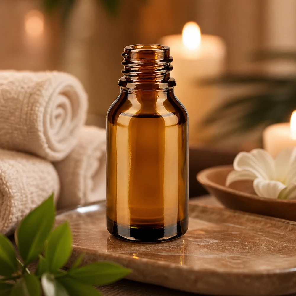 15ml braune Apothekenflasche ApoGlas in warmem Kerzenlicht mit weißen Handtüchern und grünen Blättern Wellness Deko