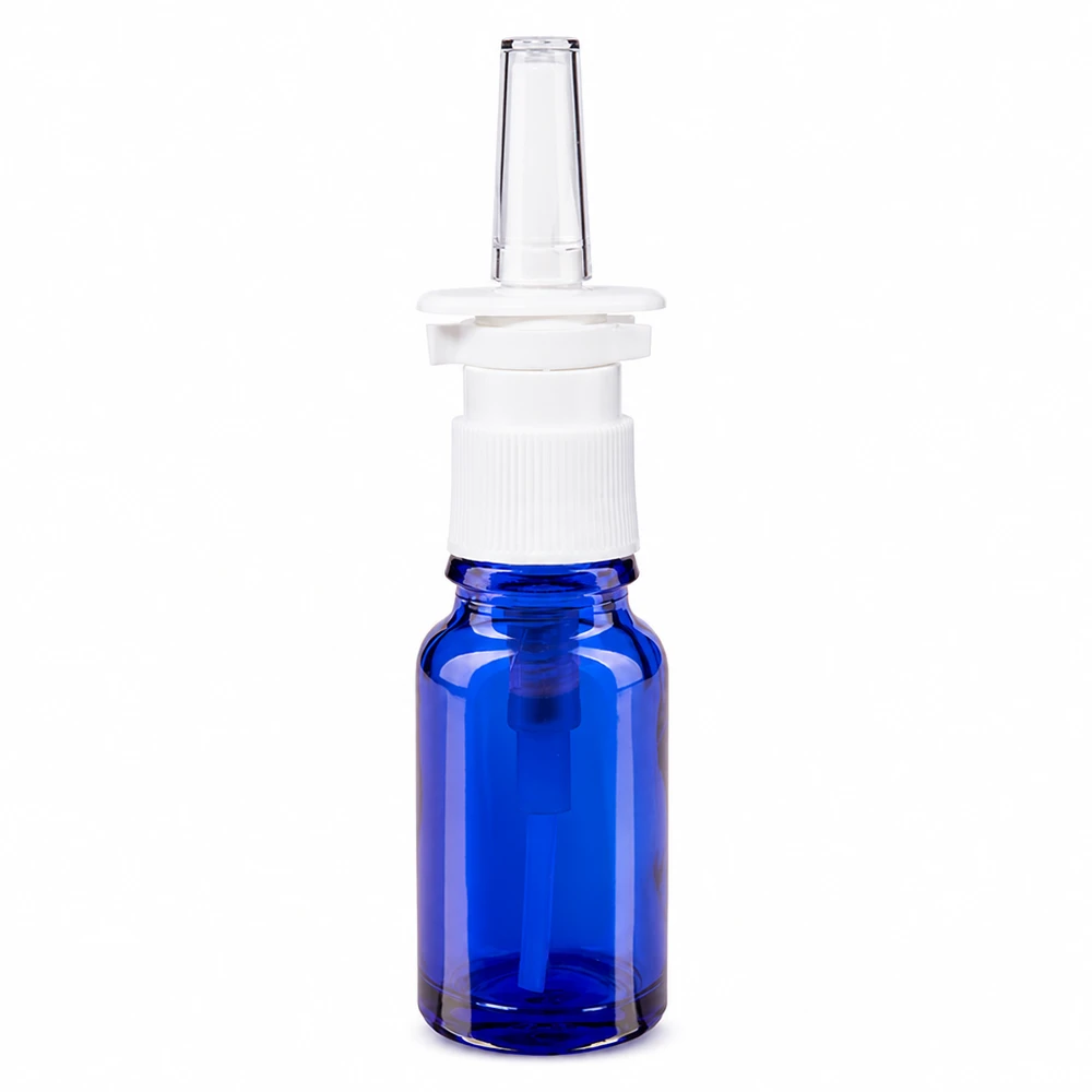 Lékárenská lahvička modrá 10ml nosní rozprašovač bílá standardní Kompakte Nasensprayflasche aus blauem Apothekenglas 10ml mit transparentem Aufsatz