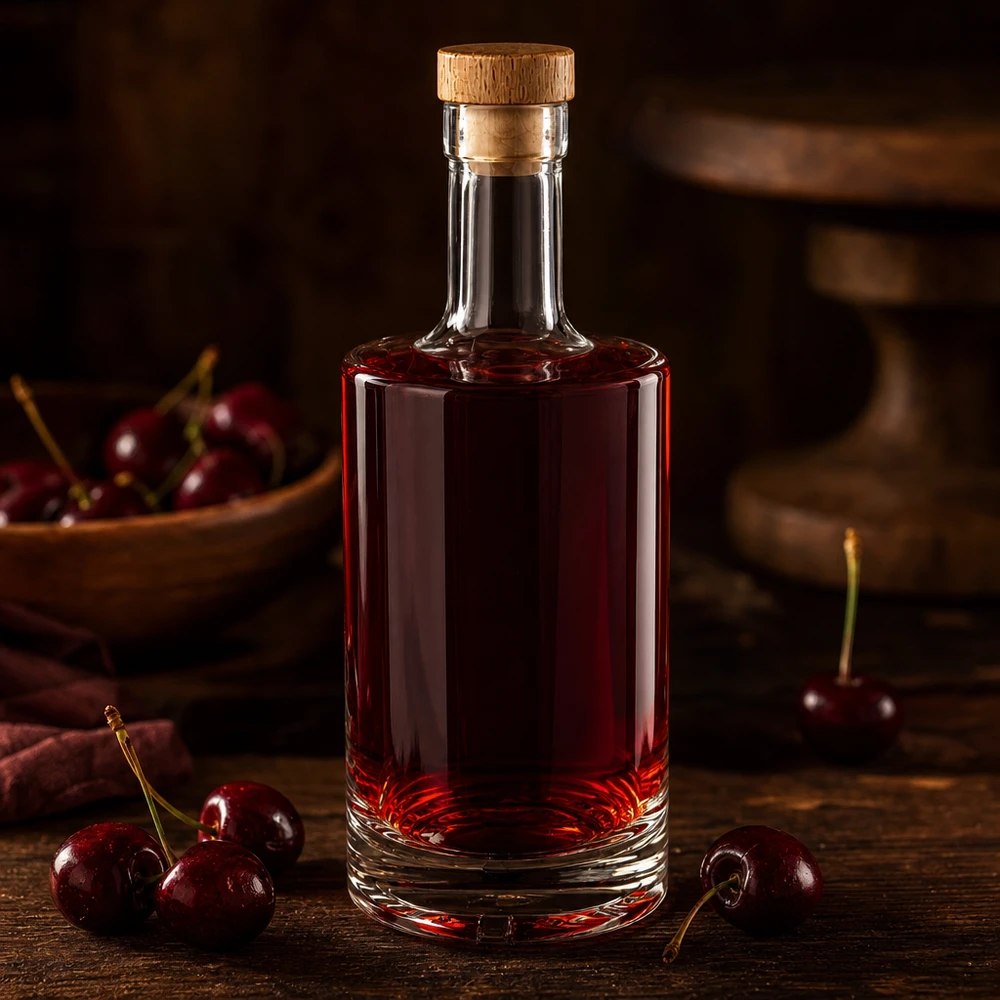 500ml Glasflasche Nora mit Kirschlikör dunkelrot befüllt Holzkorken UNiTWIST frische Kirschen rustikaler Holztisch