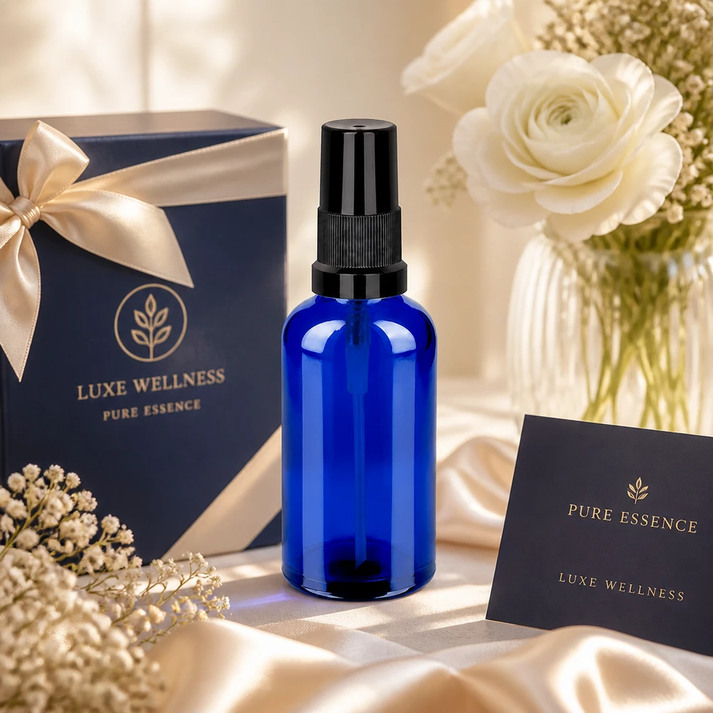 50ml lahvička s rozprašovačem černá standardní uzávěr BlueLine UT18/50 Dekorative blaue Glasflasche 50ml mit stylischem schwarzen Sprühkopf für luxuriöse Präsentation