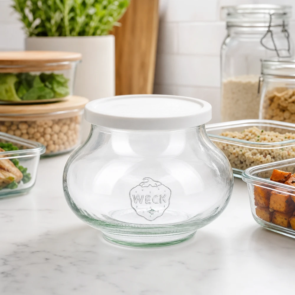 560ml dekorativní sklenice s víčkem pro zachování čerstvosti WECK RR80. WECK Vorratsglas 560ml RR80 in moderner Küche zwischen Meal-Prep Behältern und Gewürzgläsern für stylische Aufbewahrung