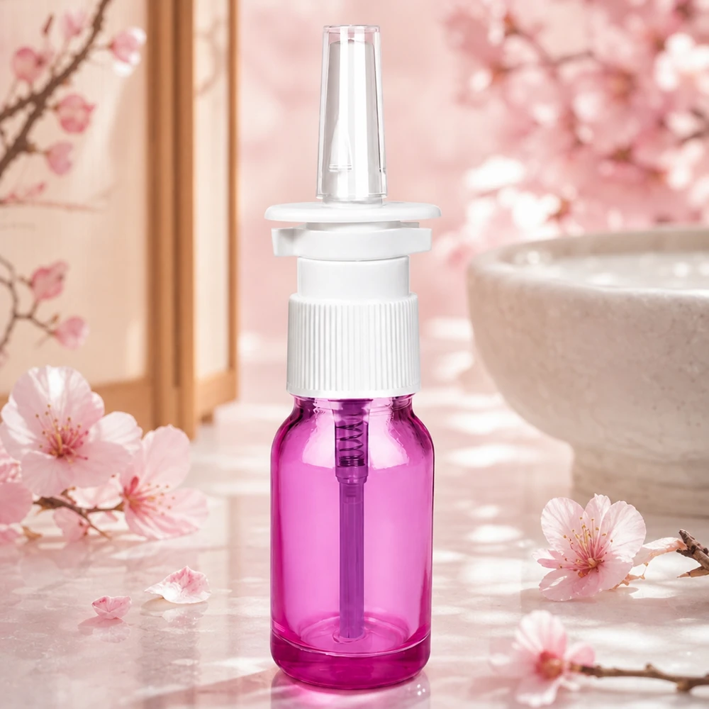10ml lahvička s nosním rozprašovačem PurpleLine bílá/transparentní standard. UT18/10 Nachfüllbare 10ml Nasensprayflasche mit robustem Glaskorpus und auslaufsicherem Verschluss