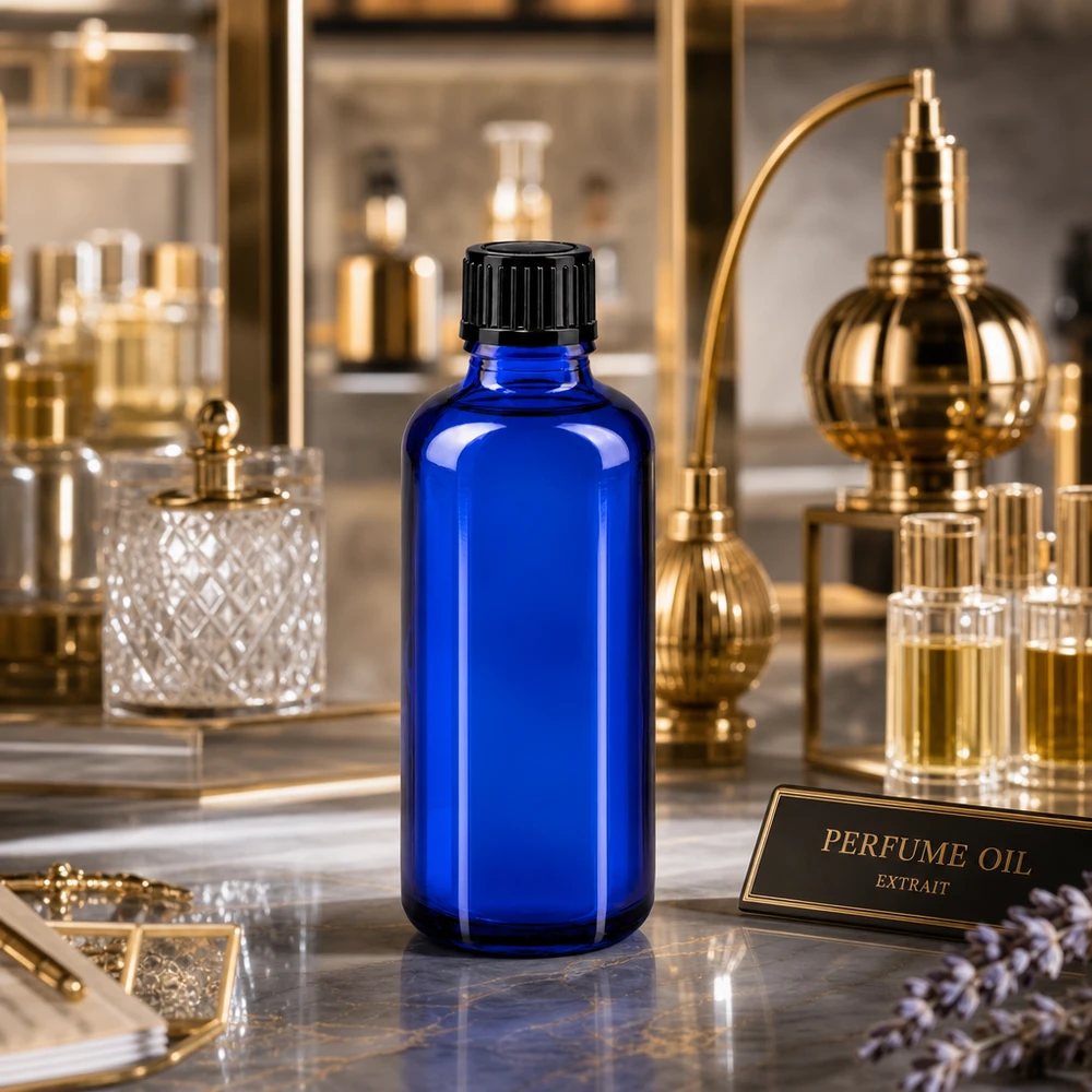 Blaue zylindrische 50ml ApoGlas Tropfflasche mit schwarzem Verschluss auf Marmorunterlage