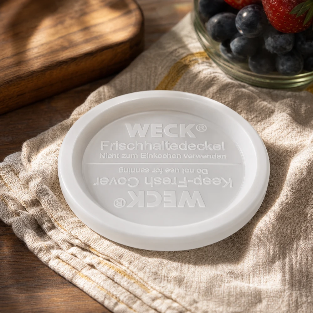 WECK Frischhaltedeckel RR120 Lifestyle-Aufnahme auf Leinentuch mit Beerenschale und Holzbrett Küchendekoration