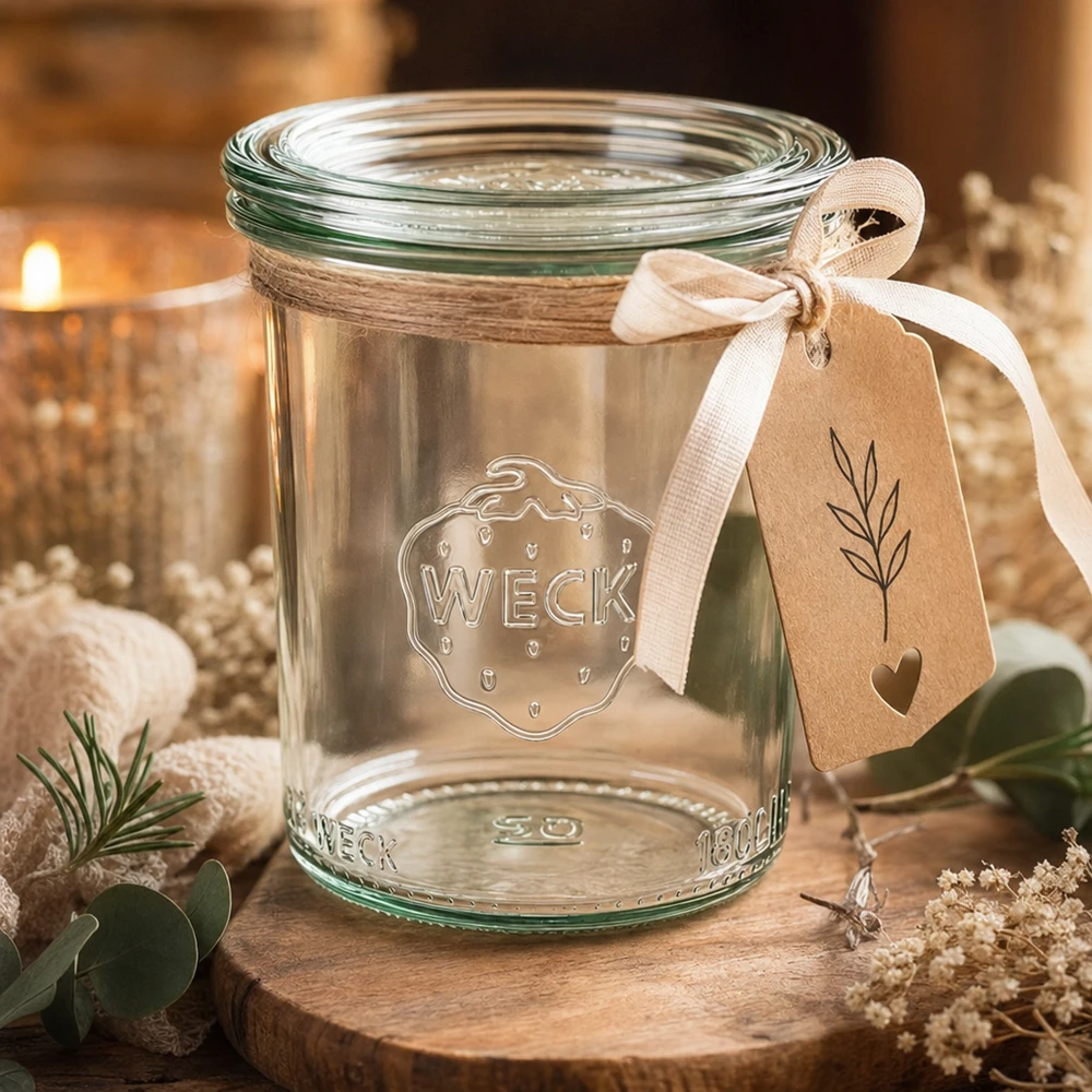 160ml zavařovací sklenice se skleněným víčkem WECK RR60 WECK Sturzglas RR60 160ml als Geschenkverpackung mit Anhänger und Band in gemütlicher Atmosphäre mit Kerze