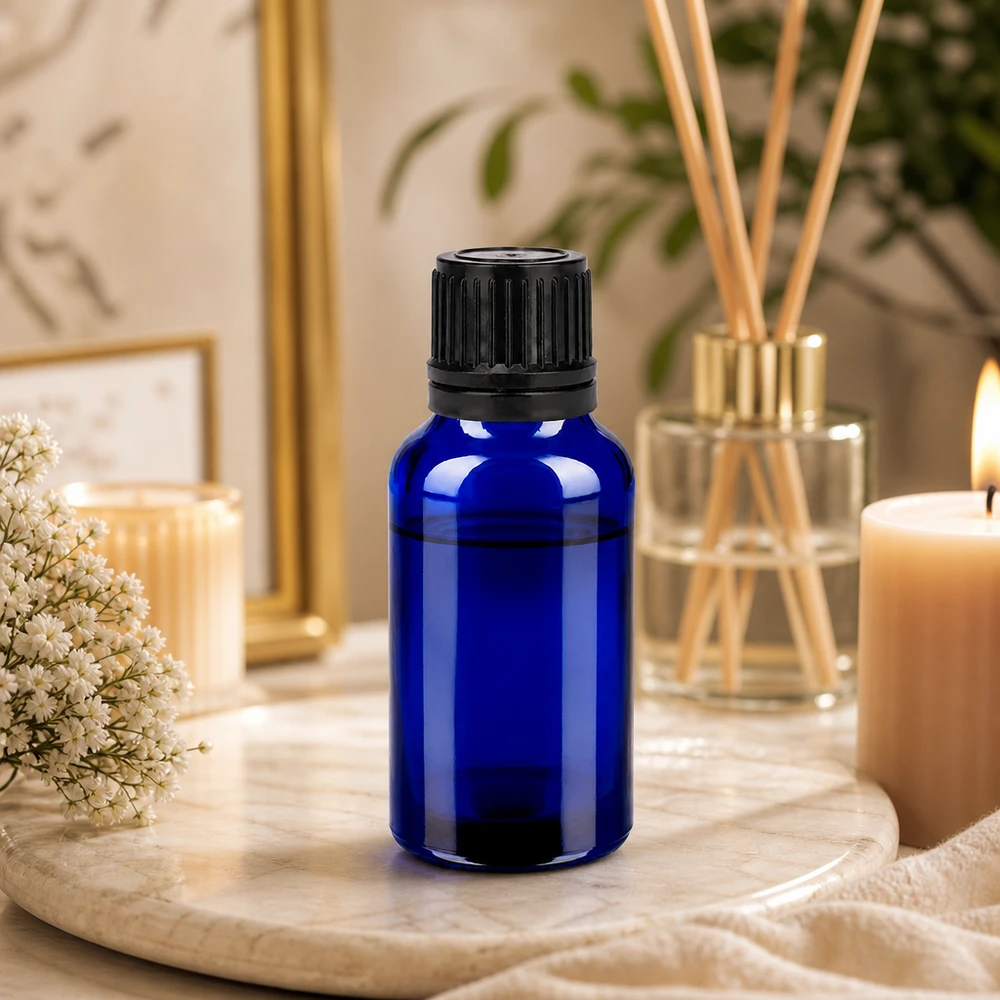 20ml lahvička 11mm šroubovací uzávěr černý s tamperem BlueLine UT18/20 20ml Violettglasflasche mit schwarzem Schraubverschluss schützt Inhaltsstoffe vor schädlichem Licht