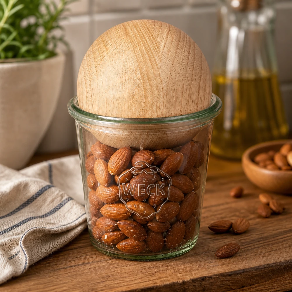 290ml vysoká skleněná nádoba WECK RR80 s dřevěnou kuličkou buk. WECK Sturzglas 290ml RR80 mit Mandeln gefüllt und Buchenkugel-Deckel auf Holzbrett in natürlicher Küchenumgebung