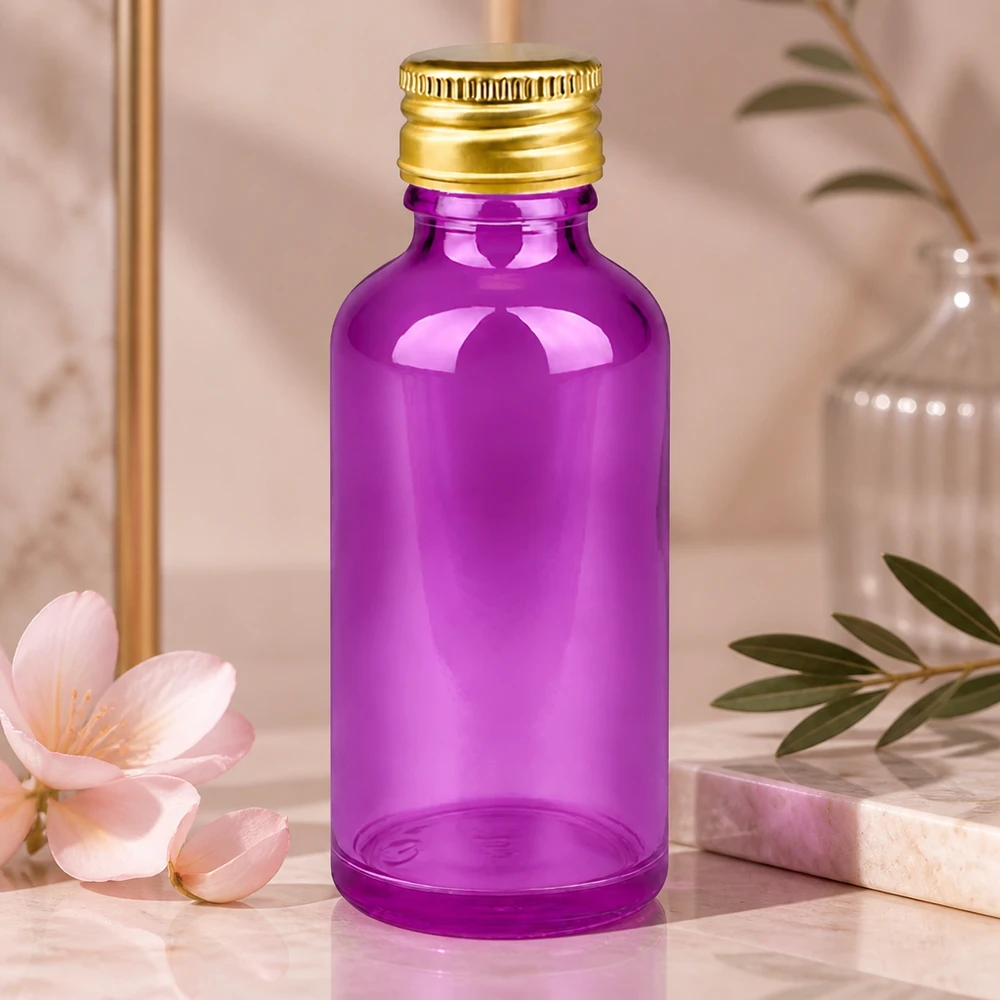 PurpleLine 50ml lahvička 11mm šroubovací uzávěr hliníkový zlatý standard. UT18/50 Handliche 50ml Purple-Flasche mit ergonomischer Form für einfache Dosierung und Anwendung