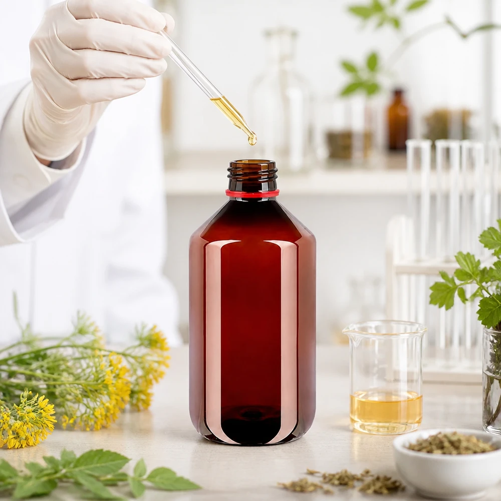 PET láhev 500ml s bílým/červeným uzávěrem s ochranou proti manipulaci. Hnědá PET láhev o objemu 500 ml s červeným bezpečnostním uzávěrem ve farmaceutické laboratoři