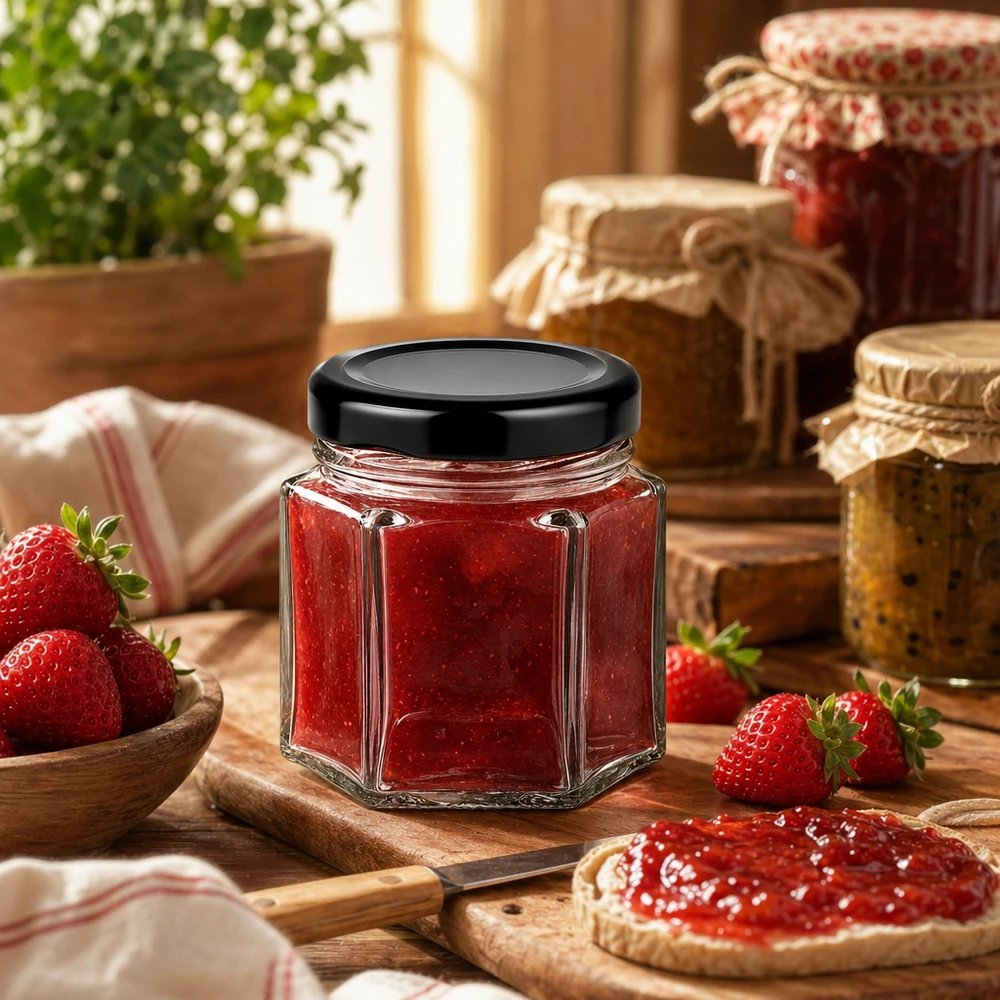 47ml šestihranná sklenice s víčkem BasicSeal černá UNiTWIST. Hexaglas 47ml mit schwarzem Deckel gefüllt mit Erdbeermarmelade in rustikaler Küche mit frischen Erdbeeren