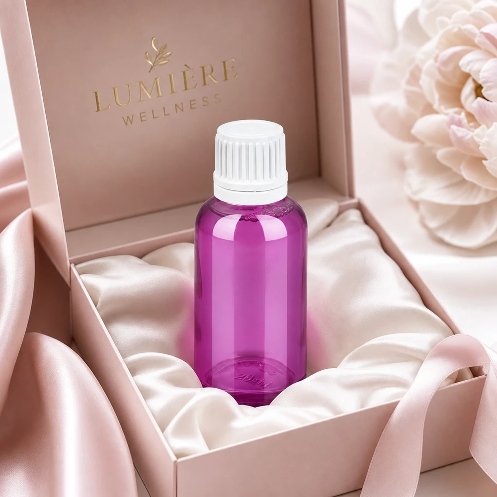 30ml lahvička s kapátkem 0,7mm bílé sklo Originality šroubovací uzávěr PurpleLine UT18/30 30ml Tropfflasche mit weißem Schraubverschluss und hygienischer Versiegelung