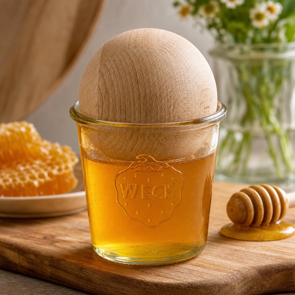 Tumbler WECK RR100 o objemu 580 ml s dřevěnou kuličkou buk. WECK Sturzglas RR100 580ml mit Holzkugel Buche gefüllt mit Honig auf Holzbrett neben Wabe und Honiglöffel