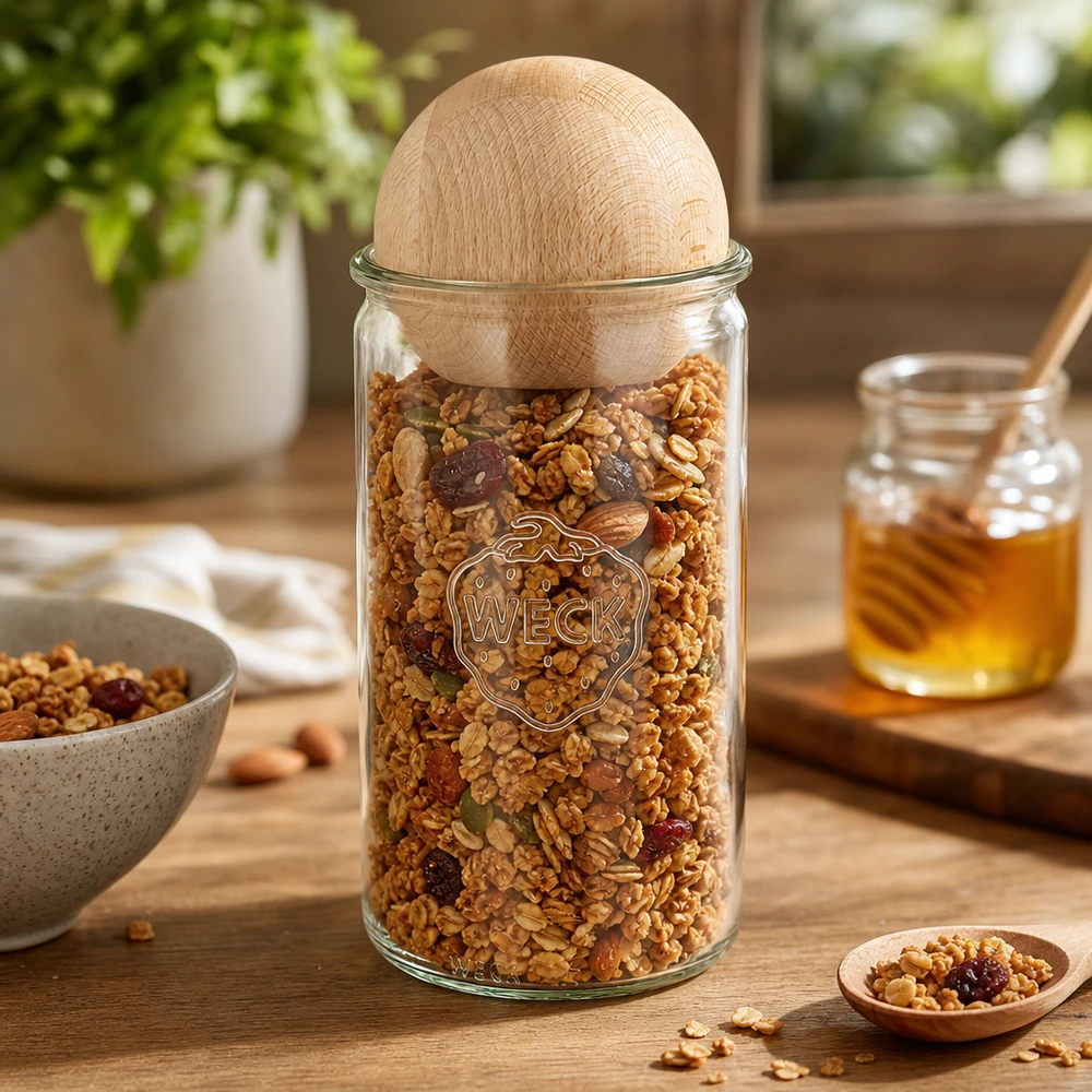 WECK Vorratsglas 1590ml RR100 gefüllt mit Müsli und Nüssen zeigt praktische Küchennutzung mit Holzkugelverschluss