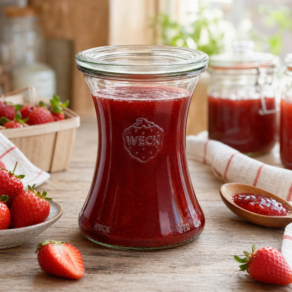 WECK Delikatessenglas 370ml mit Erdbeermarmelade befüllt zeigt praktische Anwendung des RR80 Einmachglases in Küche